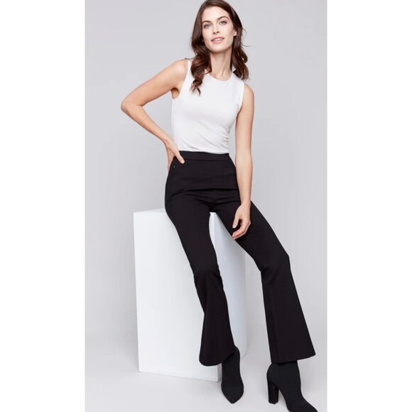 NWT Charlie B Flare Ponte Pants Side Zip Black Pull On Elastic Waist Pants Size - Picture 1 of 14